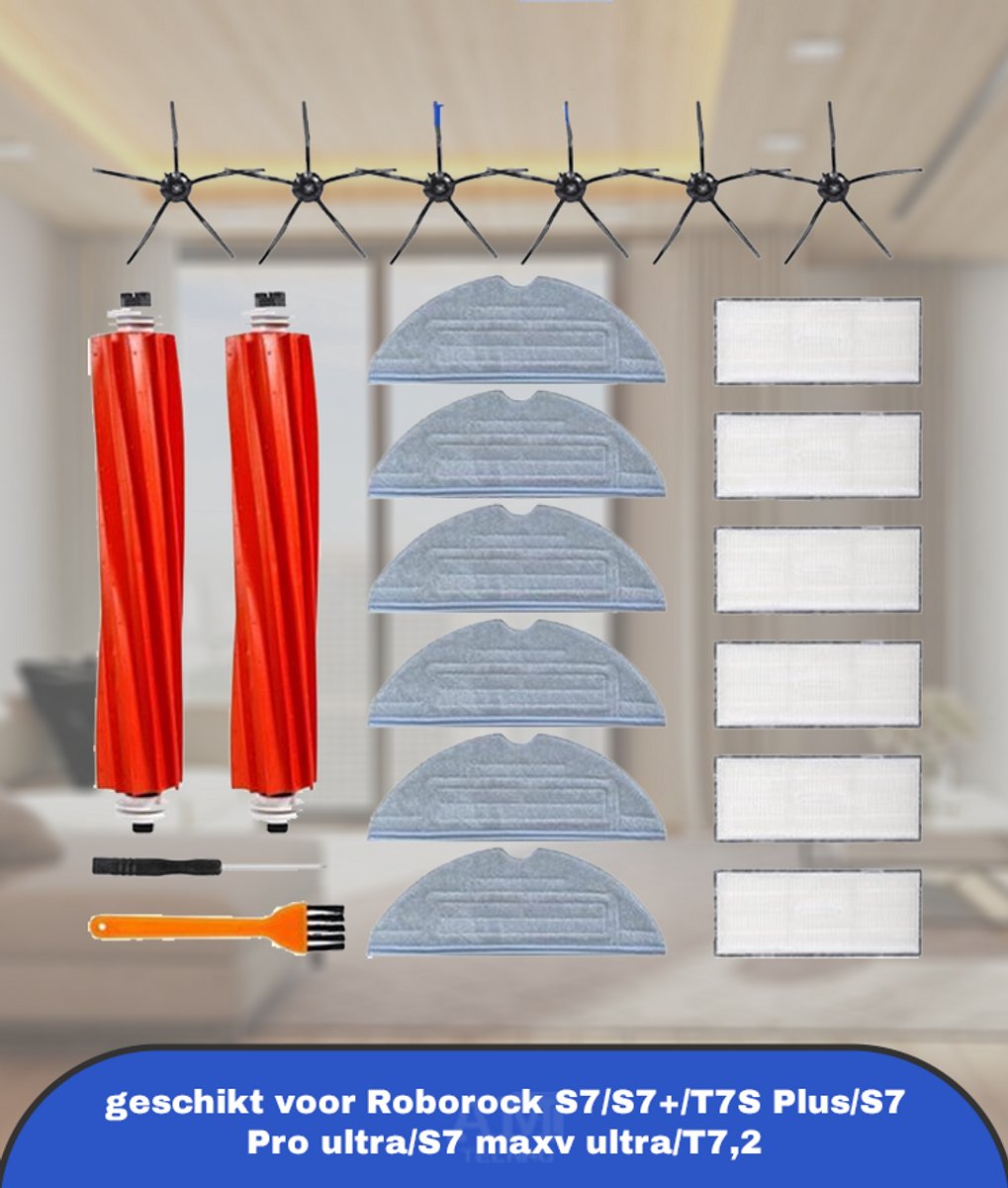 Pakket met 22 accessoires reserveonderdelen geschikt voor Roborock S7/S7+/T7S Plus/S7 Pro ultra/S7 maxv ultra/T7,2 hoofdborstels,6 filters,6 zijborstels,6 microvezeldoekjes voor Roborock stofzuigers