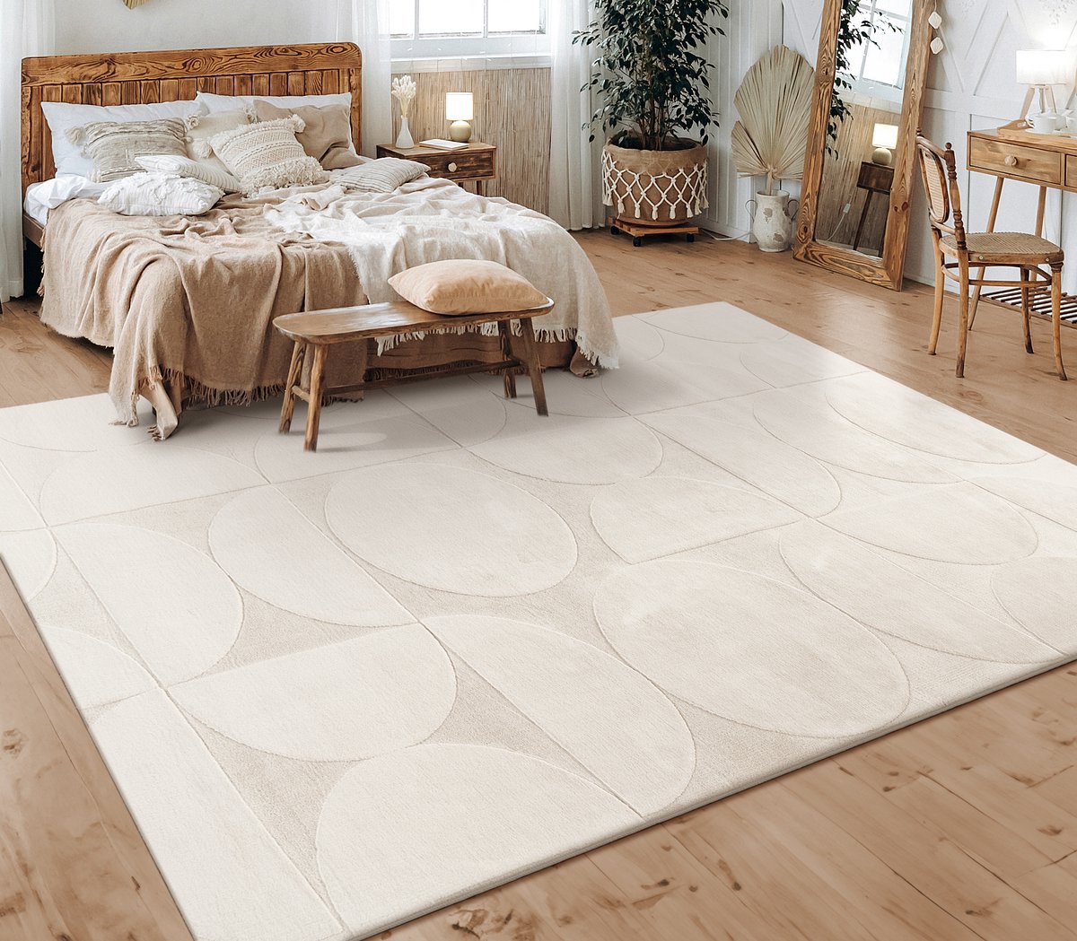 flycarpets Zacht fluffy vloerkleed - Lely Modern Crème - 80x150 cm - Laagpolig Tapijt Gang / Slaapkamer / Kinderkamer
