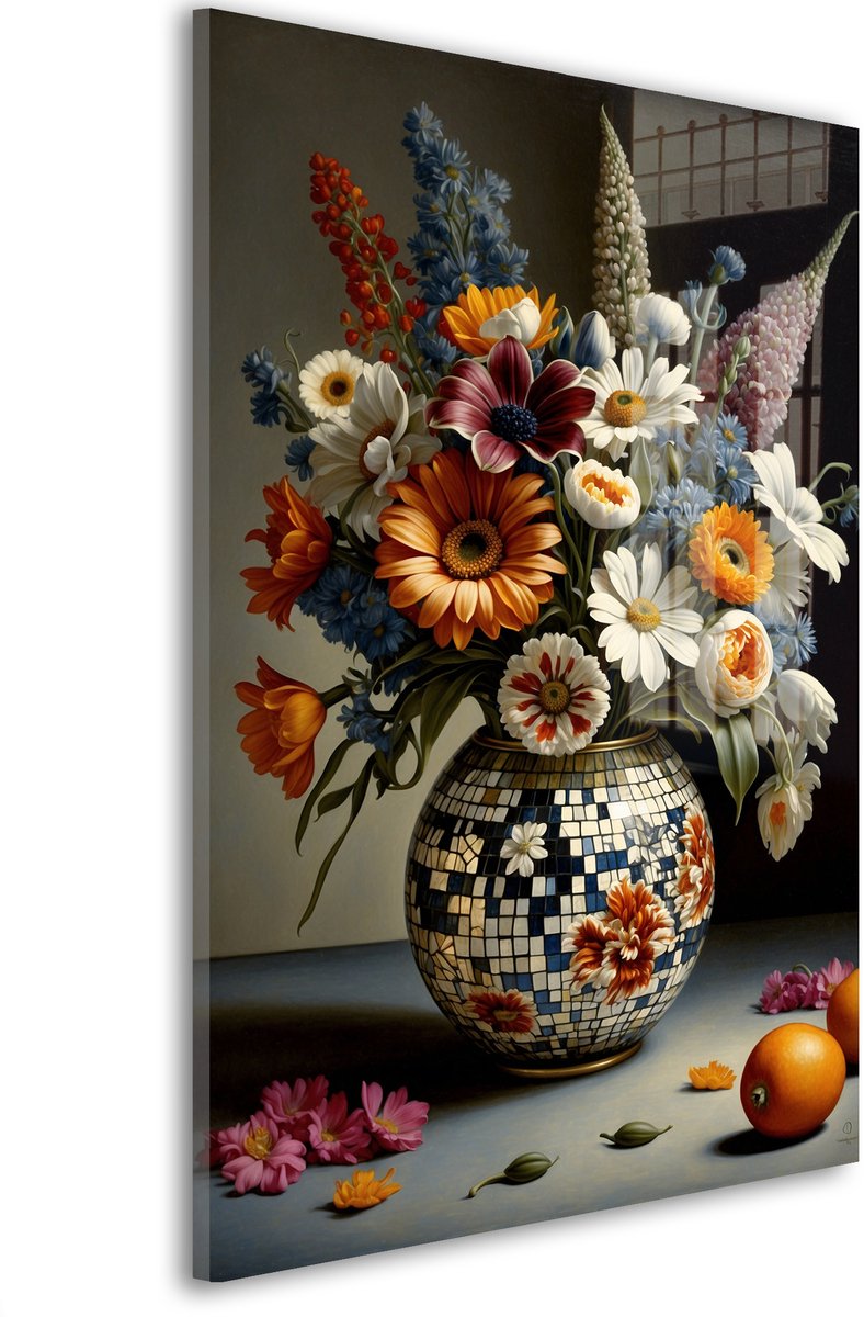 Glasschilderij Bloemrijk mozaïekkunstwerk stralen - 60 x 40 cm - Bloemen - Bloemen en Planten - Acrylaat - Inclusief wandbevestiging - Foto op plexiglas - Wanddecoratie woonkamer – Modern – Klassiek