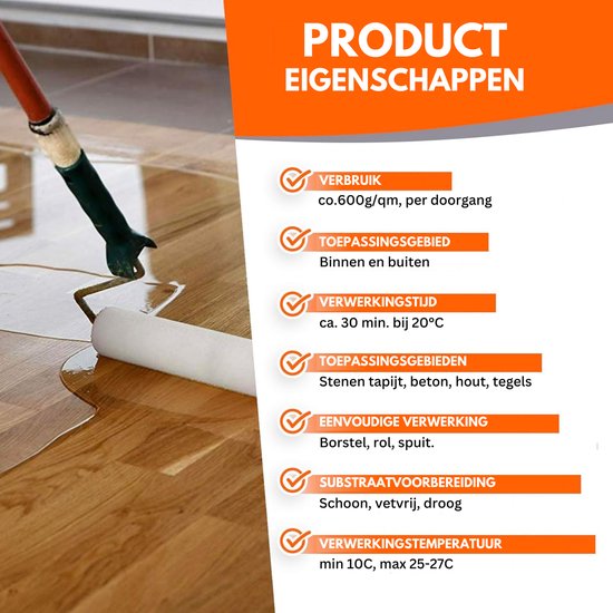 Houten vloer met verfroller en uitvloeiende transparante coating. Lijst met producteigenschappen zoals verbruik en toepassingsgebieden.