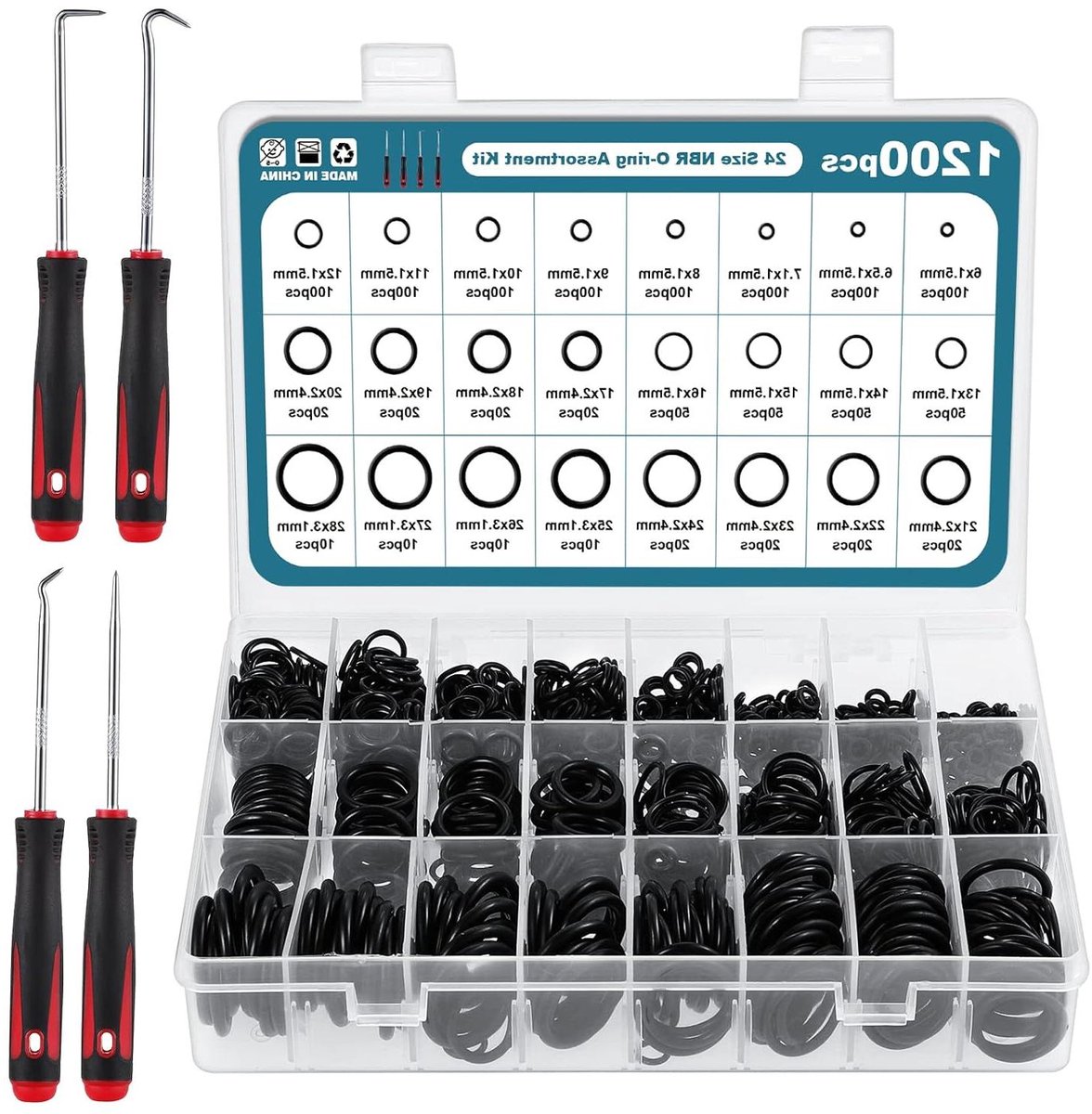 Image of 1200 STKS O-ringset 24 maat rubberen afdichtring met 4 pick & hook voor sanitair gas auto- en kraanreparatie