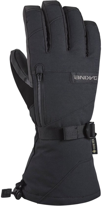 Zwarte Dakine ski-handschoen met rits, 'Gore-Tex' logo, bandje om de pols en trekkoord.