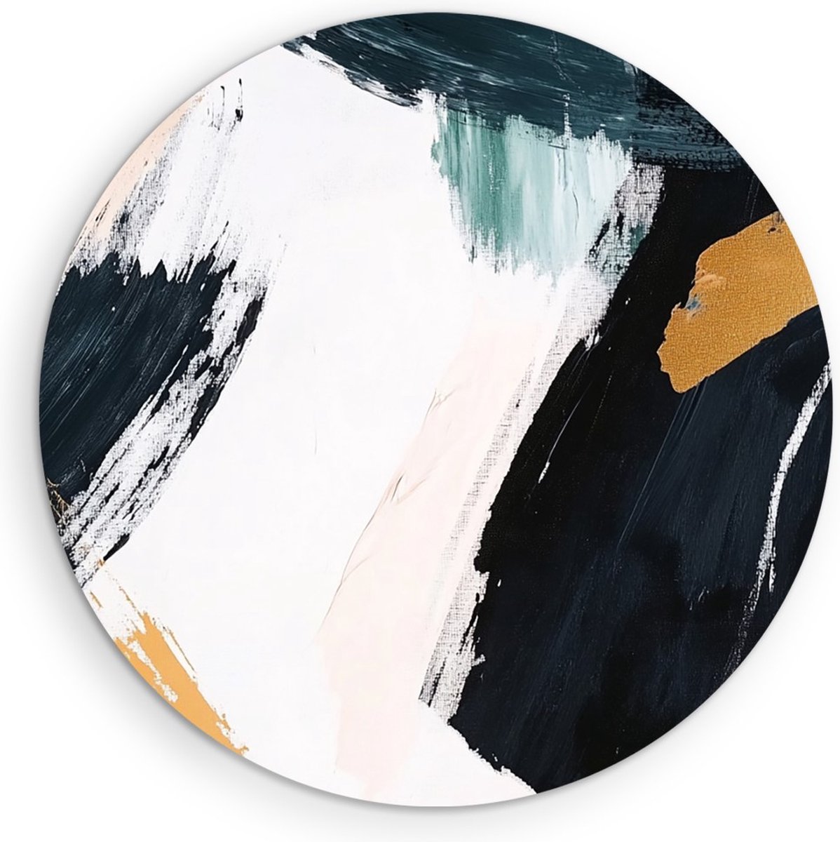 Saammp Forex Muurcirkel - Wit - Penseelstreken - Goud - Abstract - Ø 70 - Wandcirkel - Wanddecoratie Cirkel - Muurdecoratie Woonkamer - Kantoor Decoratie