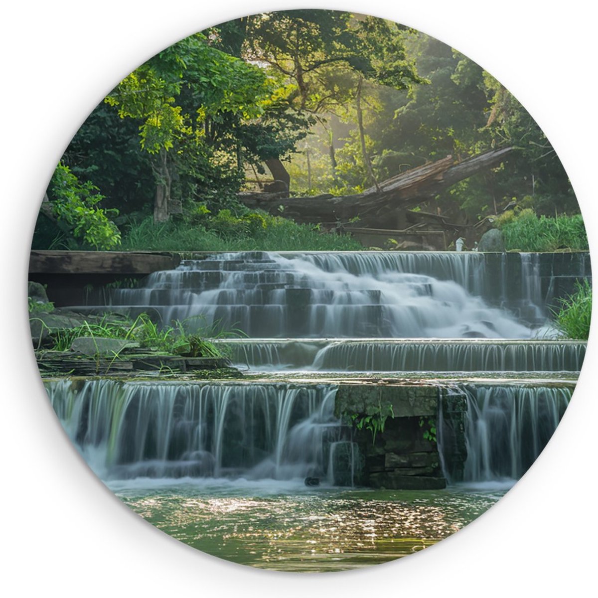 Saammp Muurcirkel Hout - Kleine Waterval - Landschap - Natuur - Ø 30 - Wandcirkel - Wanddecoratie Cirkel - Muurdecoratie Woonkamer - Slaapkamer decoratie - Rond Schilderij