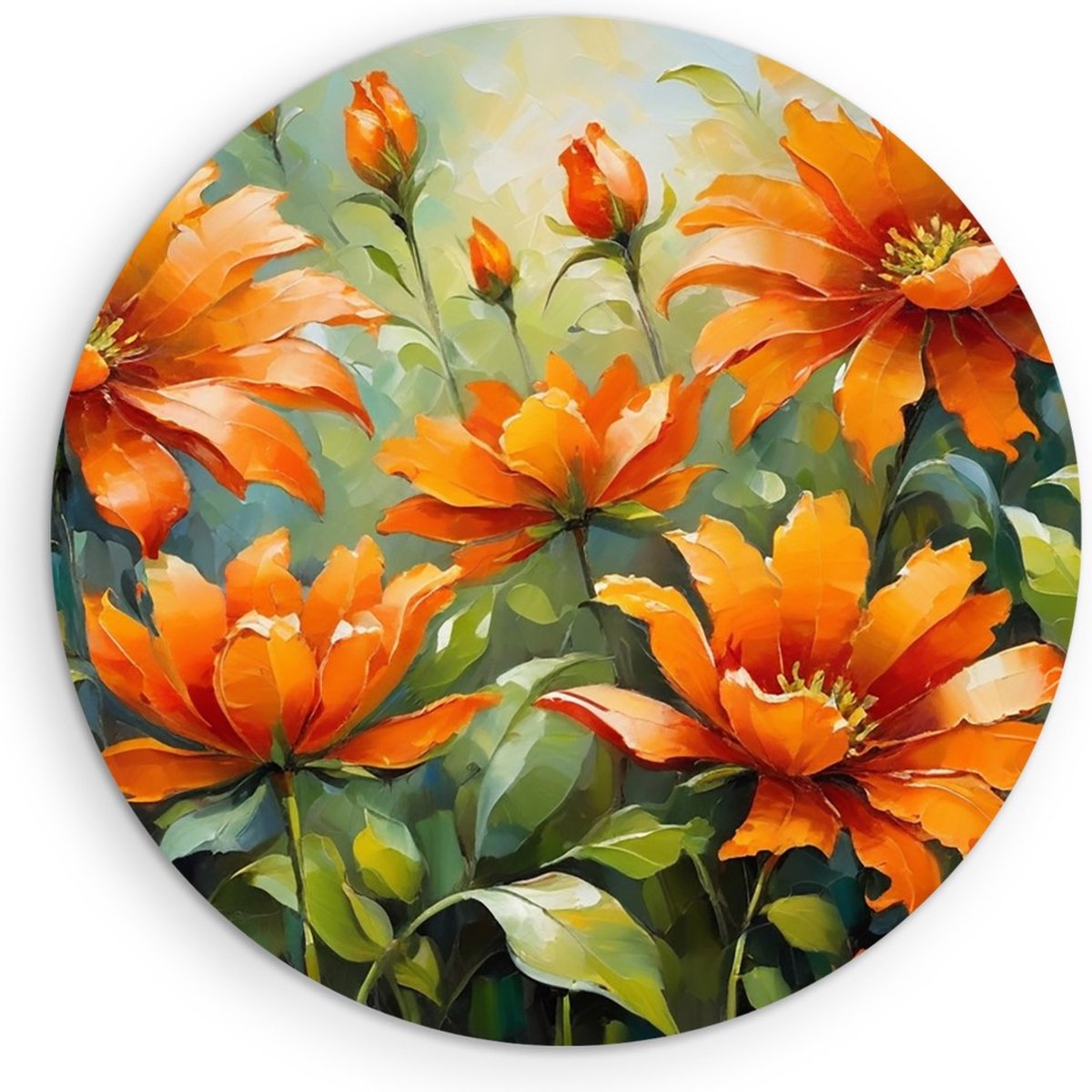 Saammp Muurcirkel Hout - Oranje Bloemen - Abstract - Ø 70 - Wandcirkel - Wanddecoratie Cirkel - Muurdecoratie Woonkamer - Kantoor Decoratie