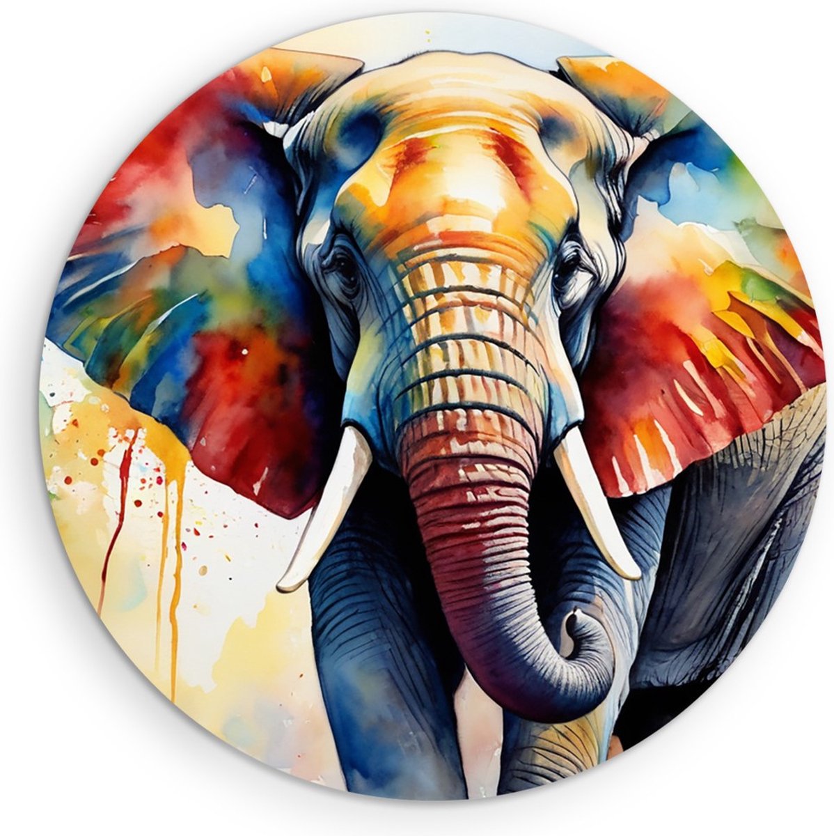 Saammp Muurcirkel Hout - Olifant - Kleurrijk - Natuur - Dieren - Ø 70 - Wandcirkel - Wanddecoratie Cirkel - Muurdecoratie Woonkamer - Slaapkamer decoratie - Rond Schilderij