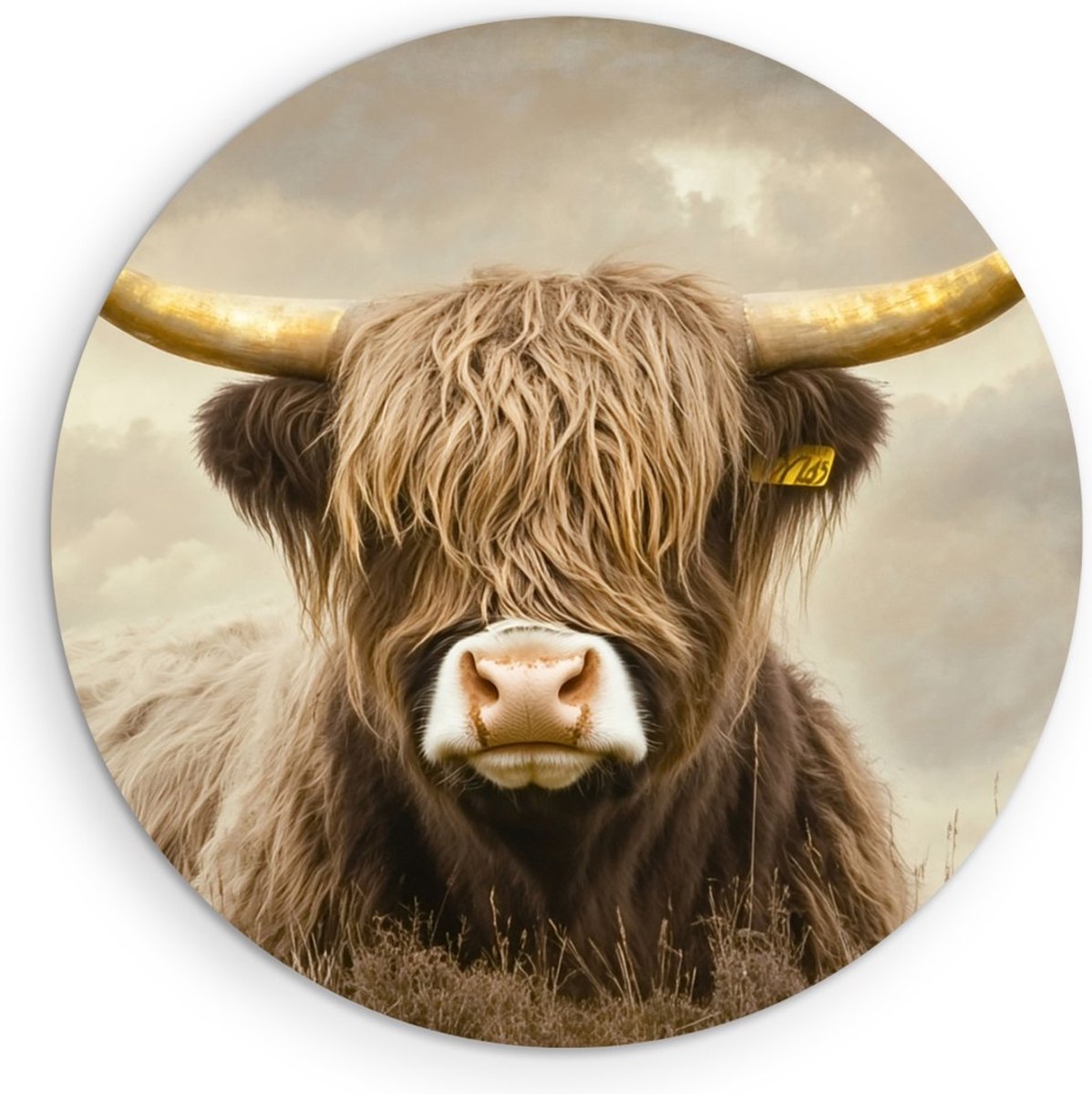 Saammp Forex Muurcirkel Schotse Hooglander Koe Portret - Dieren - Natuur - Ø 80 - Wandcirkel - Wanddecoratie Cirkel - muurdecoratie Woonkamer - Slaapkamer decoratie - Rond Schilderij