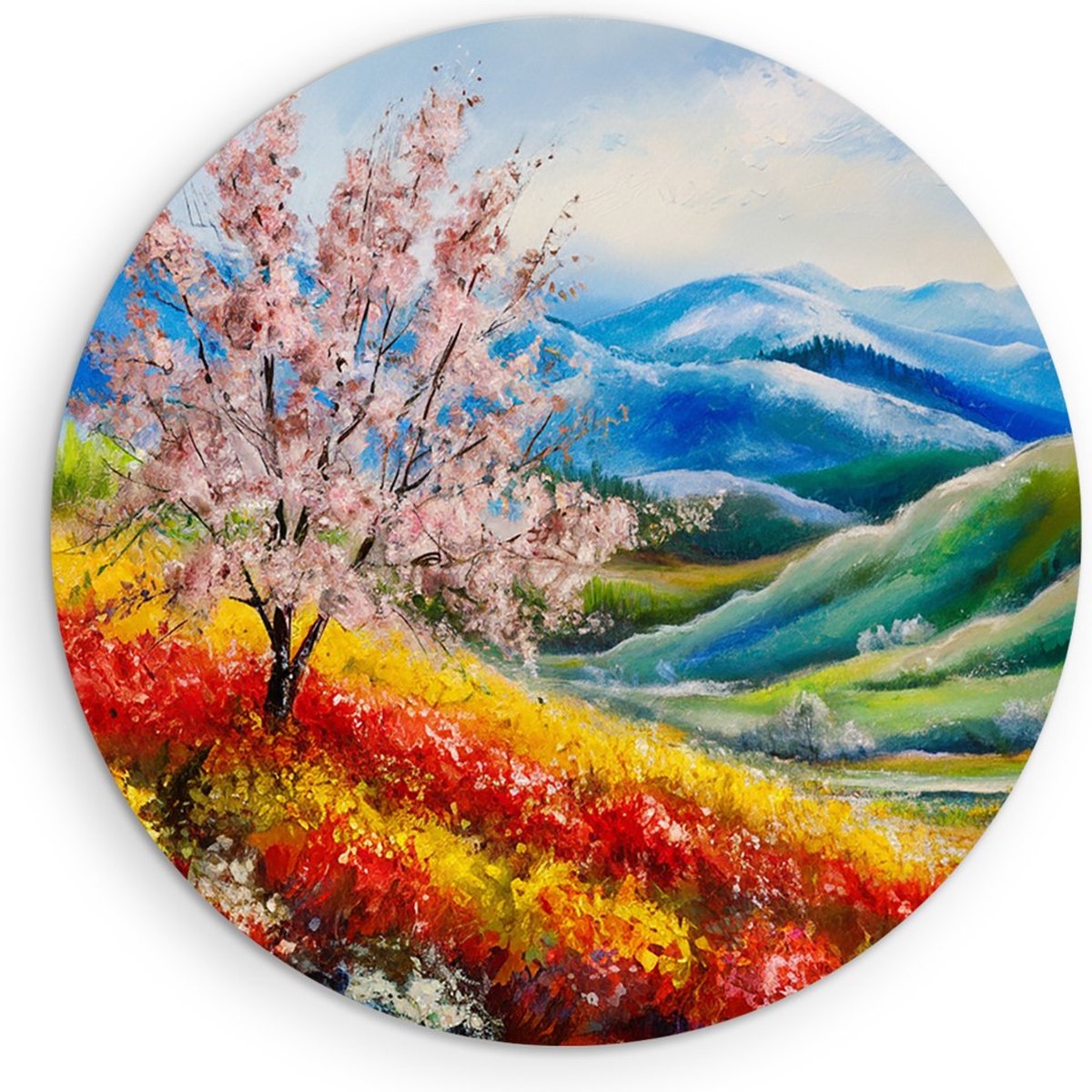 Saammp Muurcirkel Hout - Kleurrijk landschap - Abstract - Natuur - Ø 60 - Wandcirkel - Wanddecoratie Cirkel - Muurdecoratie Woonkamer - Slaapkamer decoratie - Rond Schilderij