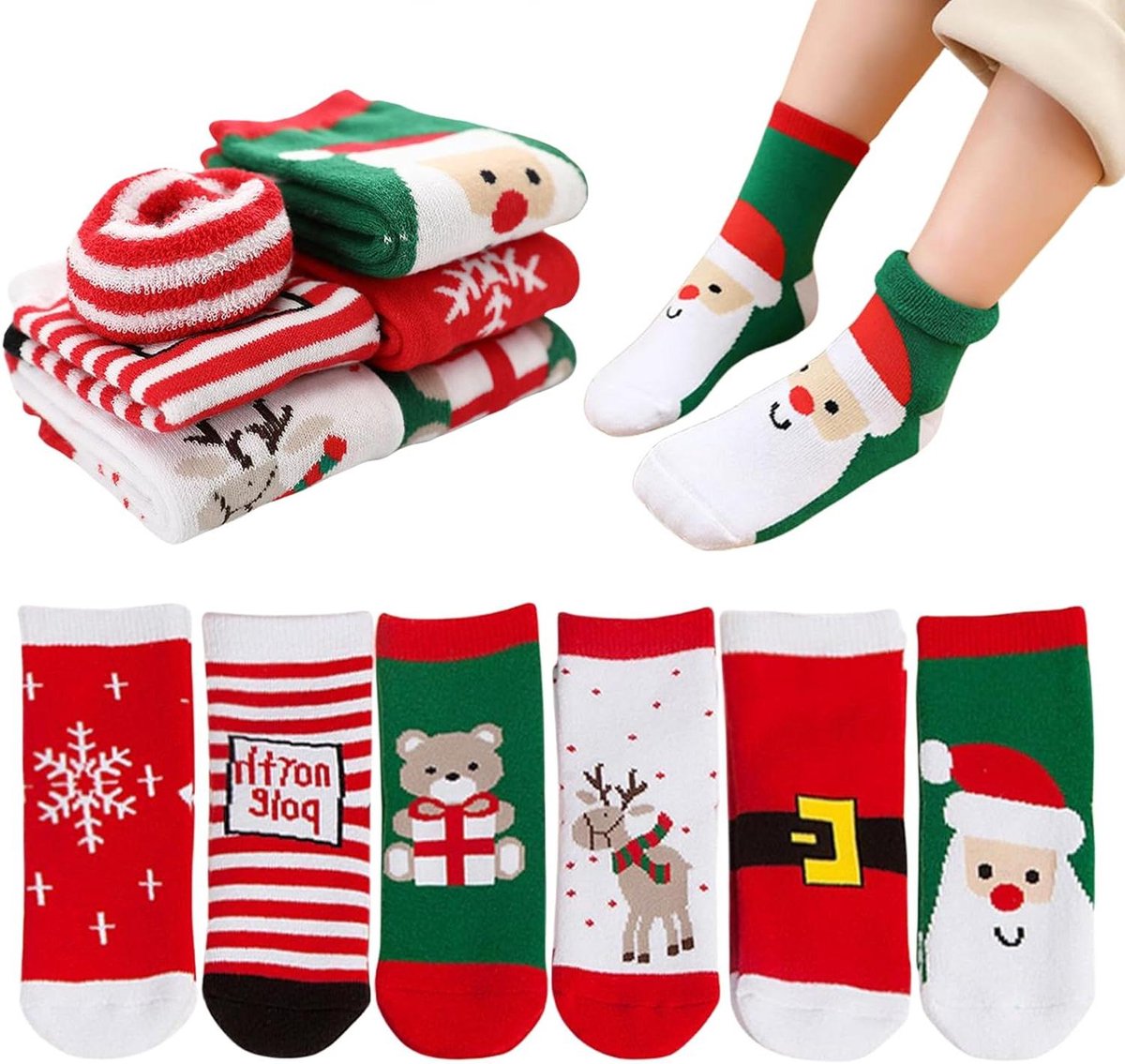 Kerstsokken voor kinderen - 6 paar uniseks baby winterwarme sokken - wollen sokken voor 1-3 jaar oud - rood 15 EU .
