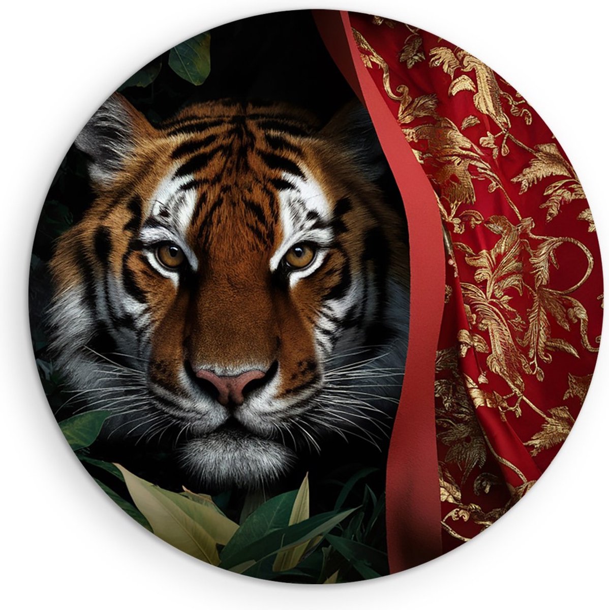 Saammp Forex Muurcirkel - Tijger met rood doek - Natuur - Dieren - Ø 70 - Wandcirkel - Wanddecoratie Cirkel - muurdecoratie Woonkamer - Slaapkamer decoratie - Rond Schilderij