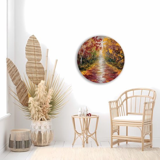 Saammp Muurcirkel Hout - Abstract Herfstachtig Bospad - Landschap - Natuur - Ø 30 - Wandcirkel - Wanddecoratie Cirkel - Muurdecoratie Woonkamer - Slaapkamer decoratie - Rond Schilderij