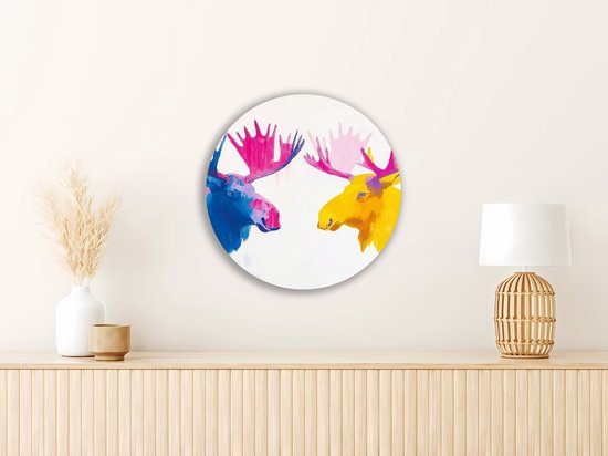 Saammp Muurcirkel Hout - 2 elanden- Natuur - Dieren - Ø 50 - Wandcirkel - Wanddecoratie Cirkel - Muurdecoratie Woonkamer - Slaapkamer decoratie - Rond Schilderij