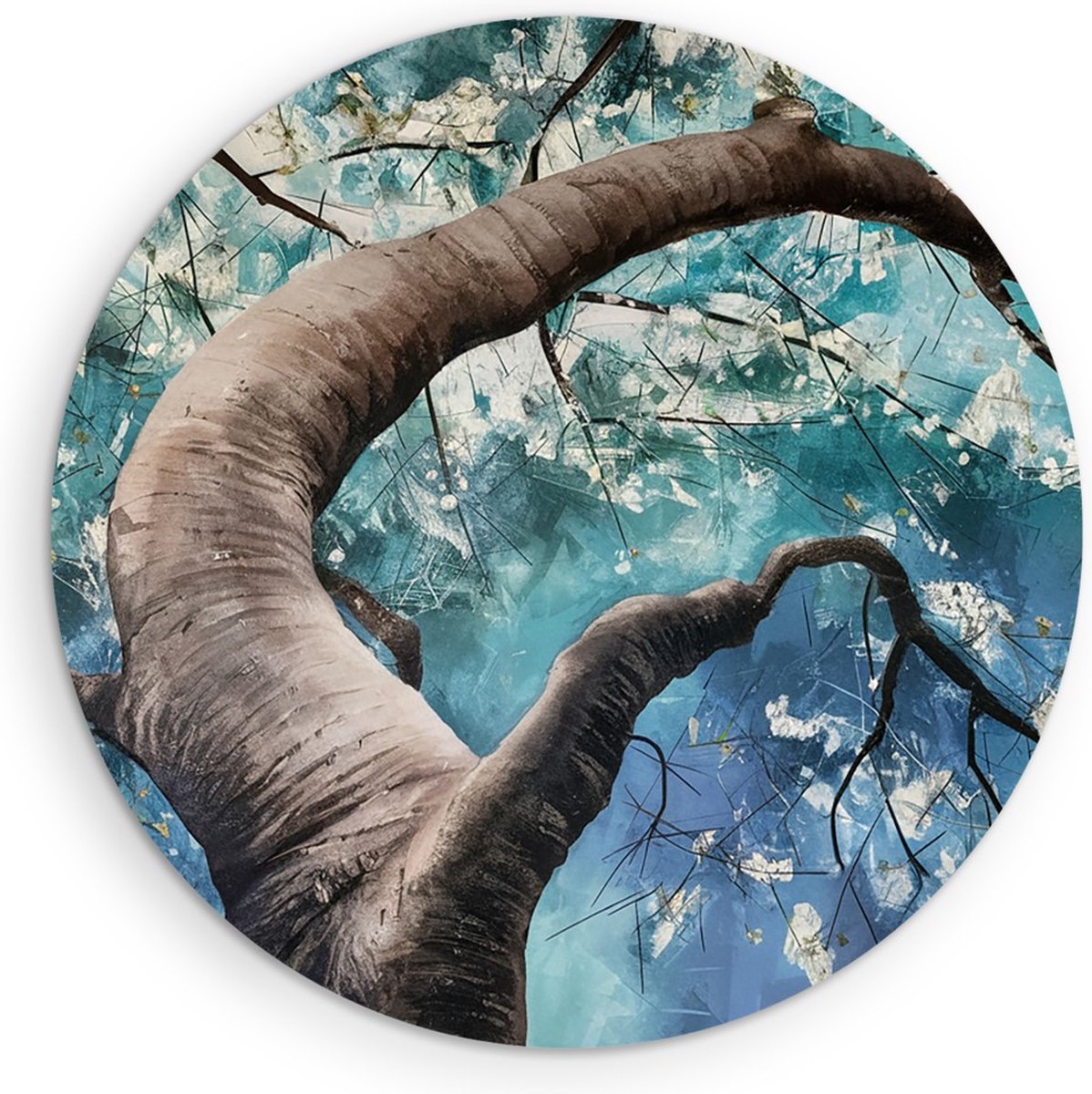 Saammp Muurcirkel Hout - boom met witte bloemen - Natuur - Ø 50 - Wandcirkel - Wanddecoratie Cirkel - Muurdecoratie Woonkamer - Kantoor Decoratie