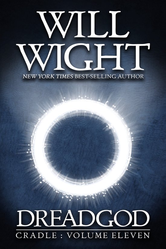 Boekomslag van "Dreadgod", een werk van de New York Times best-selling auteur Will Wight. Een lichtgevende cirkel met vonken op een blauwe, gestructureerde achtergrond.