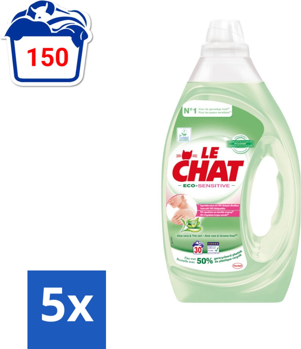 Le Chat Eco-Sensitive - Vloeibaar Wasmiddel - Witte en Gekleurde Was - Aloë Vera & Groene Thee - 30 Wasbeurten - Bulkverpakking - 5 stuks