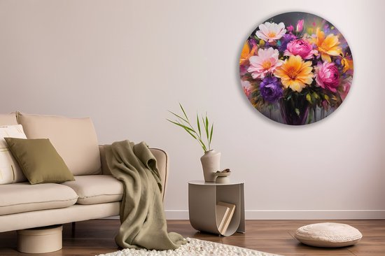 Saammp Muurcirkel Hout - Abstracte bloemen in vaas - kleurrijk - Natuur - Ø 80 - Wandcirkel - Wanddecoratie Cirkel - Muurdecoratie Woonkamer - Kantoor Decoratie