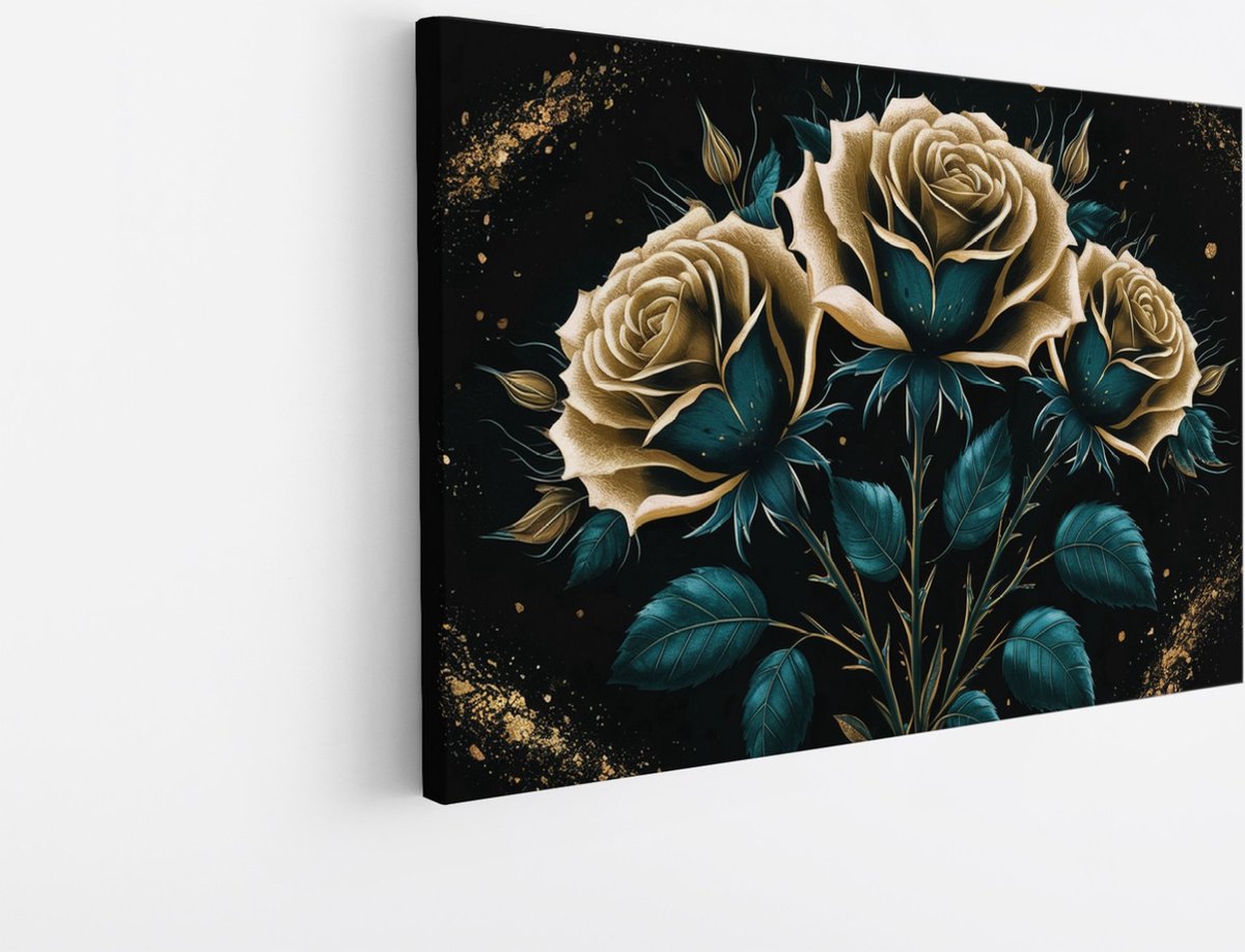 Saammp Canvas Schilderij - goud Groene bloemen - Abstract - 120x80 - Foto op canvas - Wanddecoratie - Muurdecoratie Woonkamer - Kantoor Decoratie Multicolor