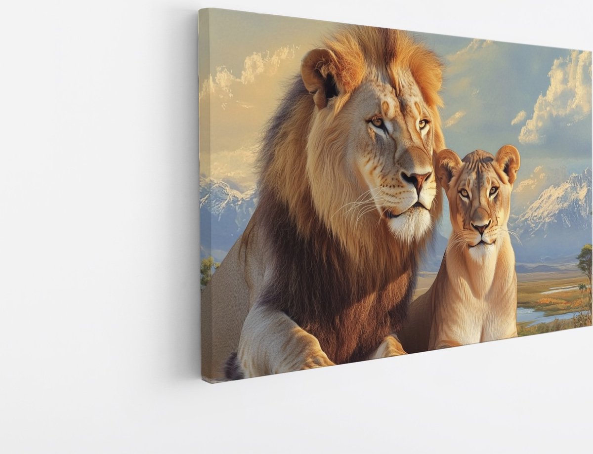 Saammp Canvas Schilderij - Leeuw en Leeuwin met de Kilimanjaro achter zich - Dieren - Natuur - 100x75 - Foto op canvas - Wanddecoratie - Muurdecoratie Woonkamer - Slaapkamer decoratie - Canvas Print Multicolor