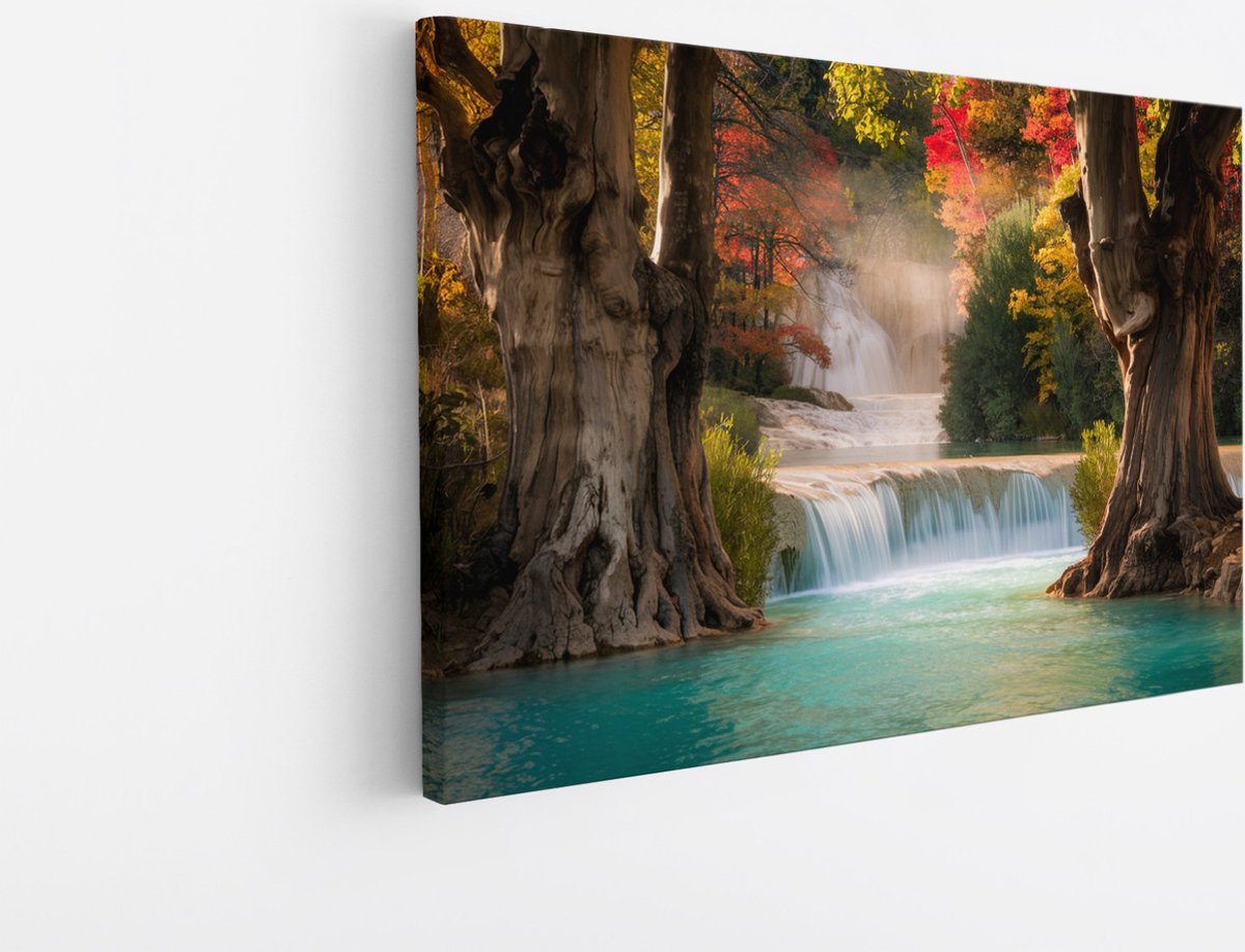 Saammp Canvas Schilderij - Waterval tussen de bomen - Landschap - Natuur - 60x40 - Foto op canvas - Wanddecoratie - Muurdecoratie Woonkamer - Slaapkamer decoratie - Canvas Print Multicolor