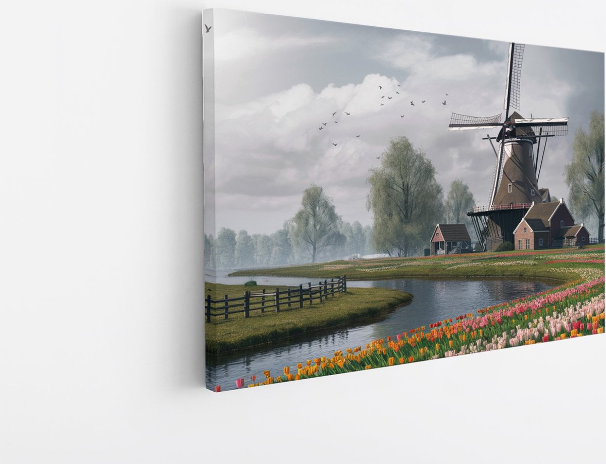 Saammp Canvas Schilderij - Tulpen met molen - Natuur - Landschap - 60x40 - Foto op canvas - Wanddecoratie - Muurdecoratie Woonkamer - Slaapkamer decoratie - Canvas Print Multicolor