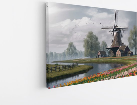 Saammp Canvas Schilderij - Tulpen met molen - Natuur - Landschap - 60x40 - Foto op canvas - Wanddecoratie - Muurdecoratie Woonkamer - Slaapkamer decoratie - Canvas Print