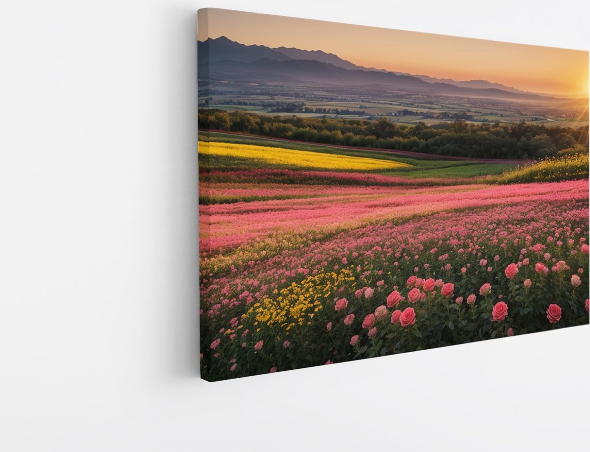 Saammp Canvas Schilderij - Landschap - Roze Bloemenveld met zonsondergang - Natuur - 70x50 - Foto op canvas - Wanddecoratie - Muurdecoratie Woonkamer - Slaapkamer decoratie - Canvas Print Multicolor