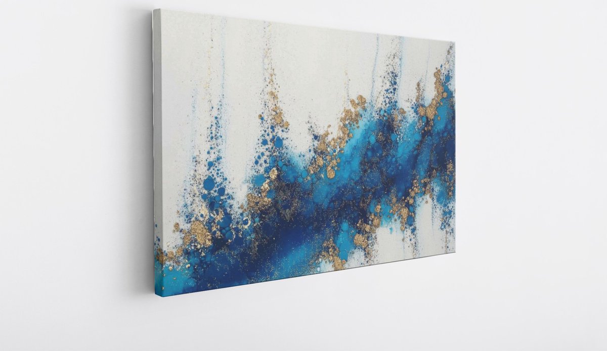 Saammp Canvas Schilderij - Goude stukjes - Blauw - Abstract - 60x40 - Foto op canvas - Wanddecoratie - Muurdecoratie Woonkamer - Slaapkamer decoratie - Canvas Print Multicolor
