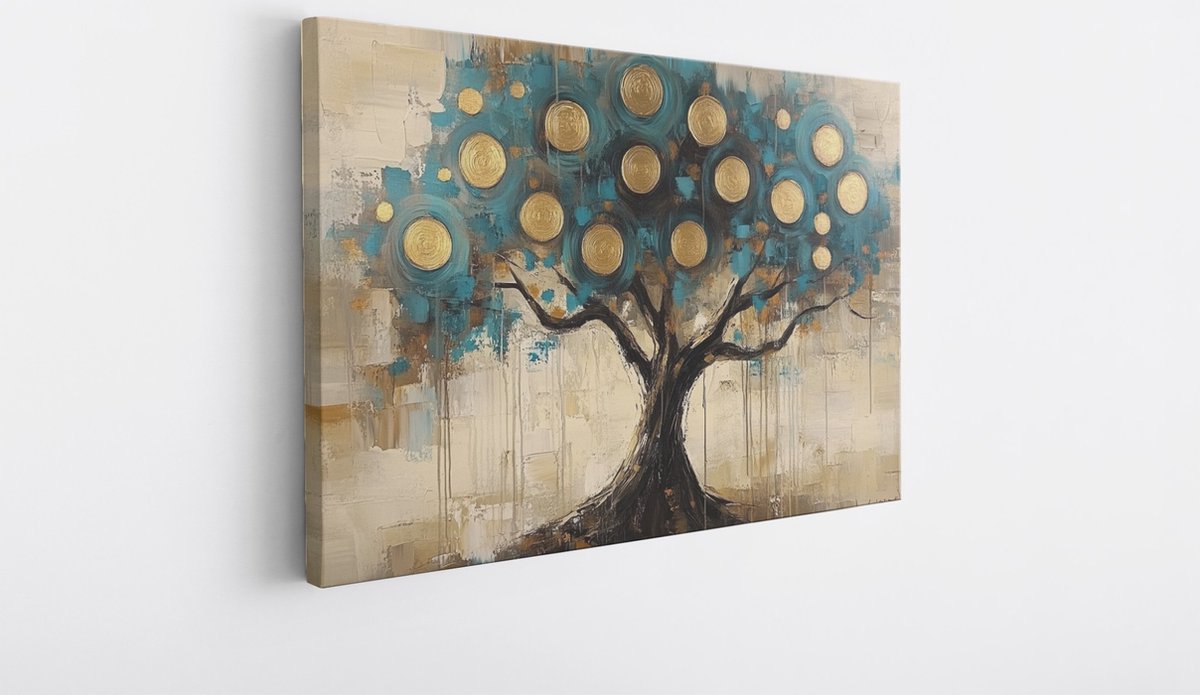 Saammp Canvas Schilderij - Boom met goude cirkels- Abstract kunstwerk - 150x100 - Foto op canvas - Wanddecoratie - Muurdecoratie Woonkamer - Slaapkamer decoratie - Canvas Print Multicolor