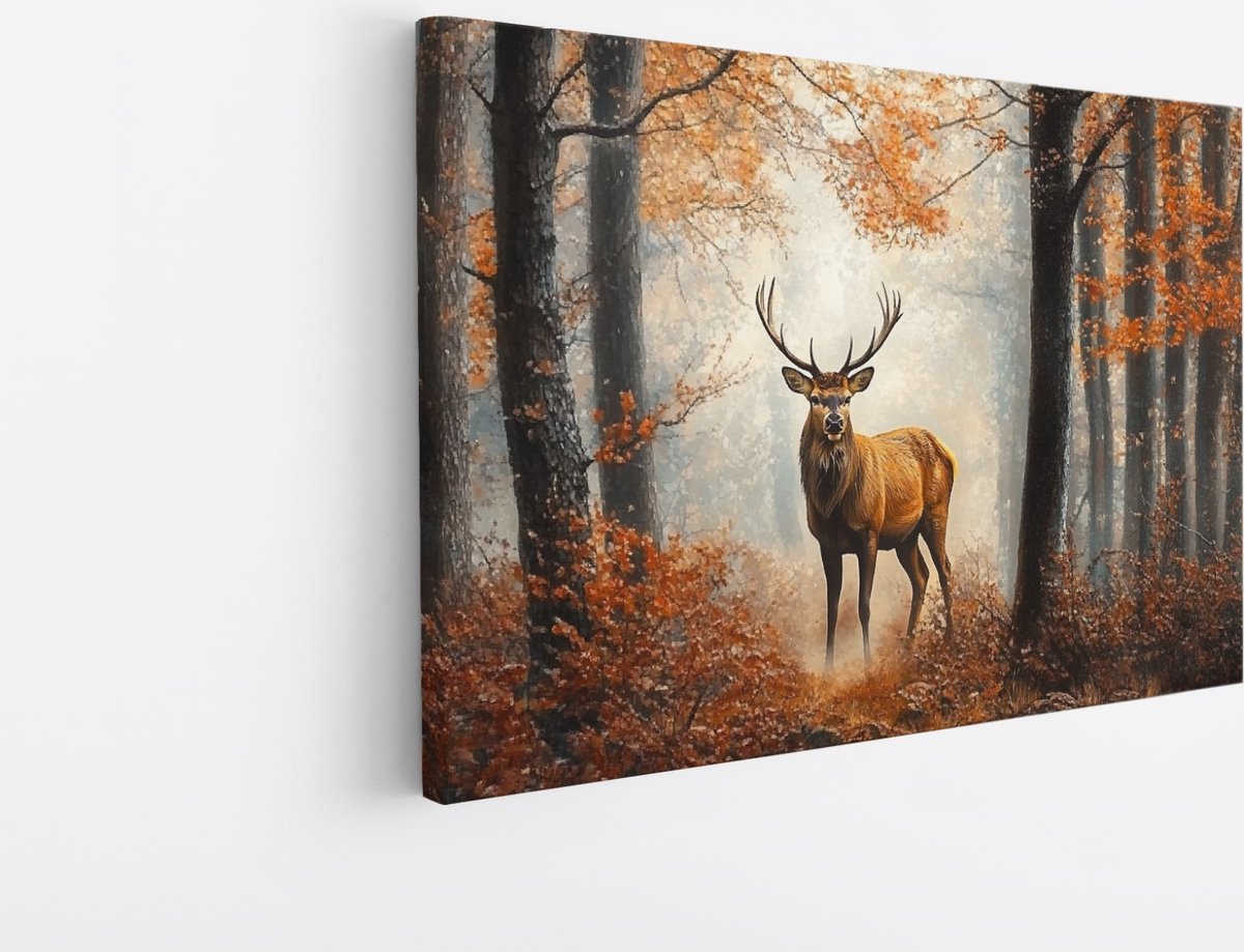 Saammp Canvas Schilderij - Natuur - Hert in bos - Herfst - Dieren - 50x40 - Foto op canvas - Wanddecoratie - Muurdecoratie Woonkamer - Slaapkamer decoratie - Canvas Print Multicolor
