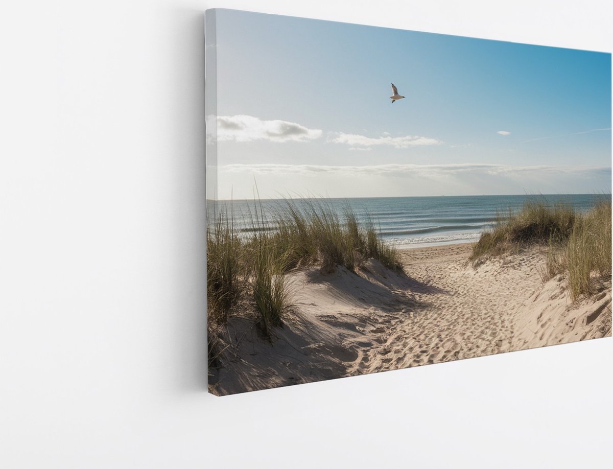 Saammp Canvas Schilderij - Strand En Zee - Vogel - Pad Vanuit de duinen - 100x75 - Foto op canvas - Wanddecoratie - muurdecoratie Woonkamer - Slaapkamer decoratie - Canvas Print Multicolor