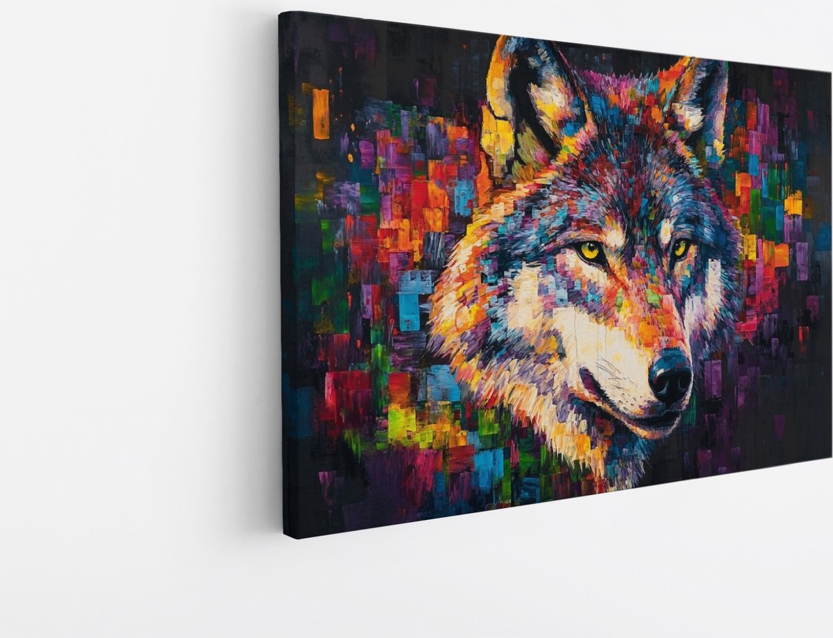 Saammp Canvas Schilderij - Abstracte Wolf - Kleurrijk - Dieren - Natuur - 45x30 - Foto op canvas - Wanddecoratie - muurdecoratie Woonkamer - Slaapkamer decoratie - Canvas Print Multicolor