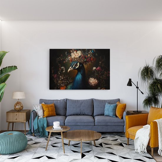 Saammp Canvas Schilderij - Pauw met kroon - Bloemen - Dieren - Natuur - 60x40 - Foto op canvas - Wanddecoratie - muurdecoratie Woonkamer - Slaapkamer decoratie - Canvas Print