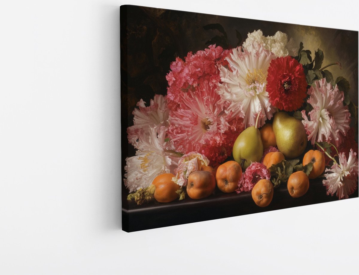 Saammp Canvas Schilderij - Bloemen en Vruchten - Klassiek Stilleven - Abstract - 30x20 - Foto op canvas - Wanddecoratie - Muurdecoratie Woonkamer - Kantoor Decoratie Multicolor