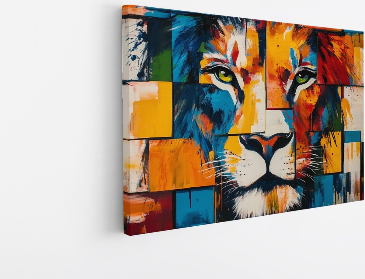 Saammp Canvas Schilderij - Leeuw - Kleurrijk - Dieren - Oranje - 30x20 - Foto op canvas - Wanddecoratie - Muurdecoratie Woonkamer - Slaapkamer decoratie - Canvas Print Multicolor