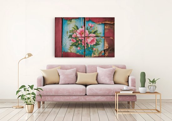 Saammp Canvas Schilderij - Bloemen op hout - Abstract - 60x40 - Foto op canvas - Wanddecoratie - Muurdecoratie Woonkamer - Kantoor Decoratie