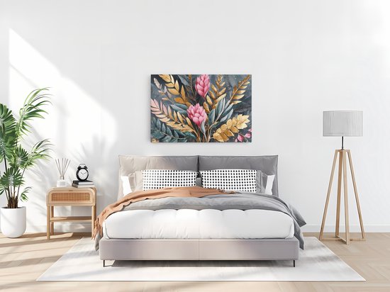 Saammp Canvas Schilderij - Grote roze bloemen en gouden bladeren - Modern - 100x75 - Foto op canvas - Wanddecoratie - Muurdecoratie Woonkamer - Kantoor Decoratie