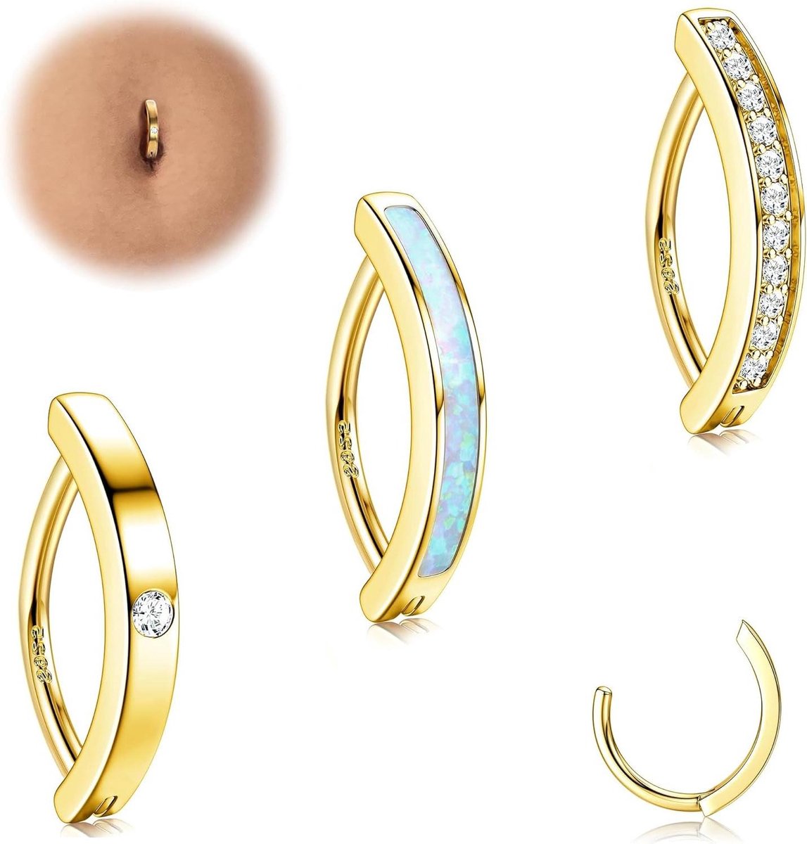 Image of 3 stks- Clicker Navelpiercings- 925 Sterling Zilver- CZ Opaal- Hoop Buikpiercing- Vrouwen- Zilver- Sieraden .