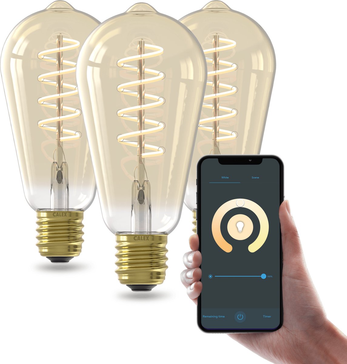 Calex Slimme LED Lamp - Set van 3 stuks - E27 - Wifi Verlichting - Spiraal Filament - ST64 - Smart Lichtbron Goud - Dimbaar - Warm Wit licht - 7W