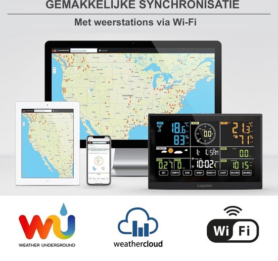 Tablet, smartphone en digitaal weerstation display, met kaarten en Wi-Fi logo.