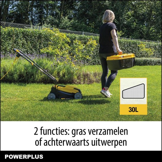 Vrouw met gele grasmaaier en 30L grasopvangbak in een tuin.