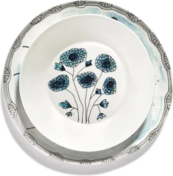 Serax Marni Midnight Flowers diep bord met blauwe anemomen en een gedetailleerde rand.