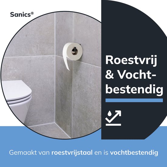 Sanics Seal Porte-rouleau de papier toilette Zwart avec kit de montage - Porte-rouleau de papier toilette en acier inoxydable - Porte- Papier toilette - Porte-rouleau de papier toilette