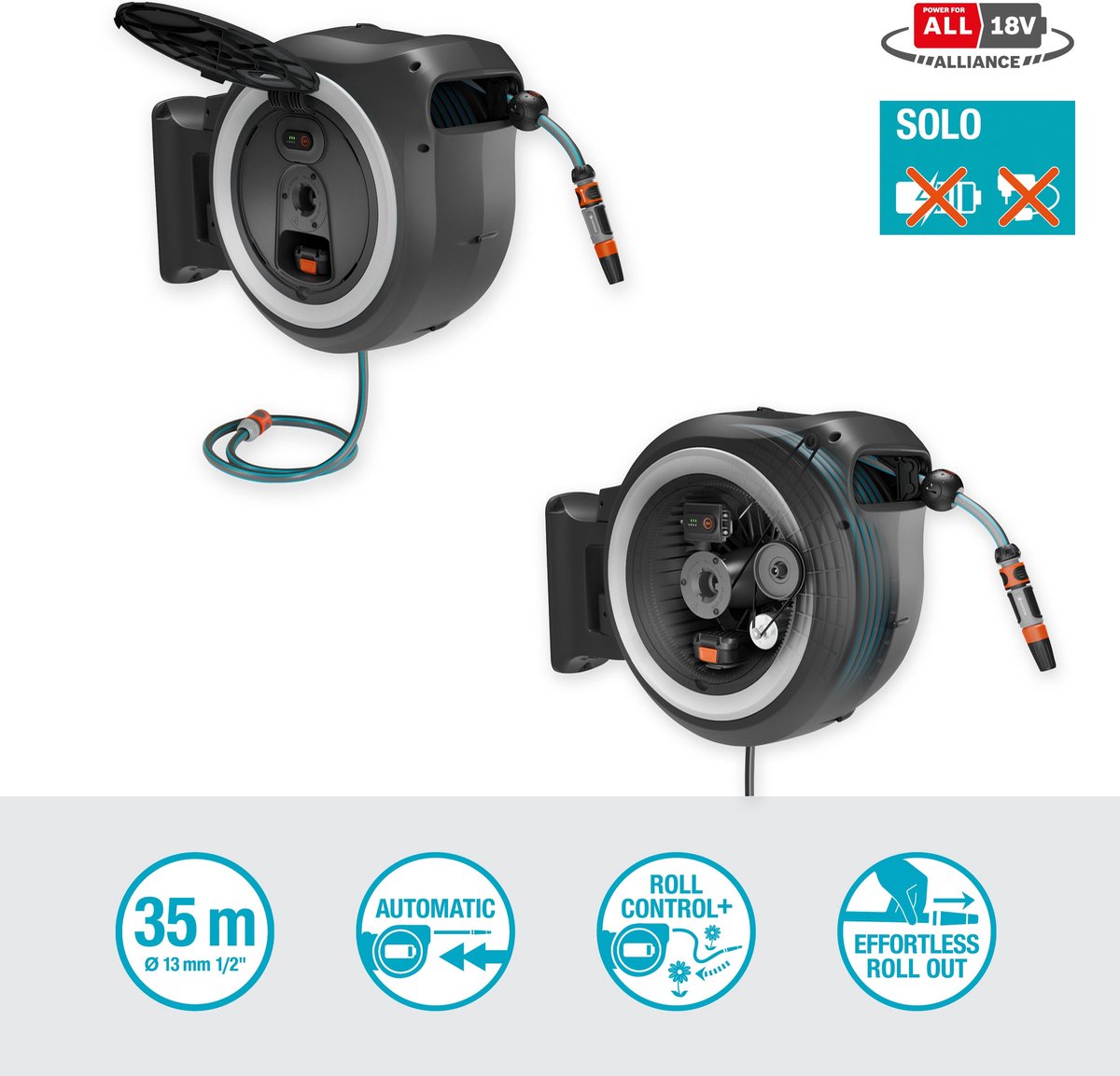 Gardena PowerRoll XL Dévidoir sur batterie Solo - Gris-blanc - 35 m