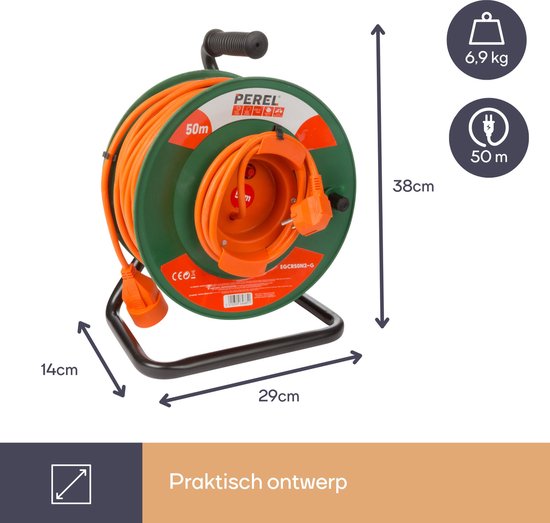 Perel Verlengkabel op haspel, gebruik binnenshuis, randaarde, thermische beveiliging, kabellengte 50 m, 3G1.5, oranje/groen