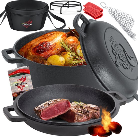 KESSER® Dutch Oven Gietijzeren Pan 1,8L en Gietijzeren Pot 4,8L met Deksel voor Buiten & Binnen BBQ Multifunctionele Kookset - Barbecuepan Braadpan inclusief Receptenboek - Zwart