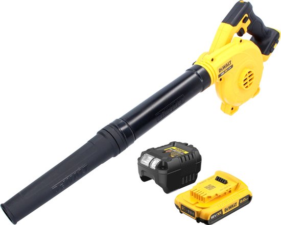 Gele DeWalt accubladblazer met zwarte handgreep en mondstuk, met twee batterijen.