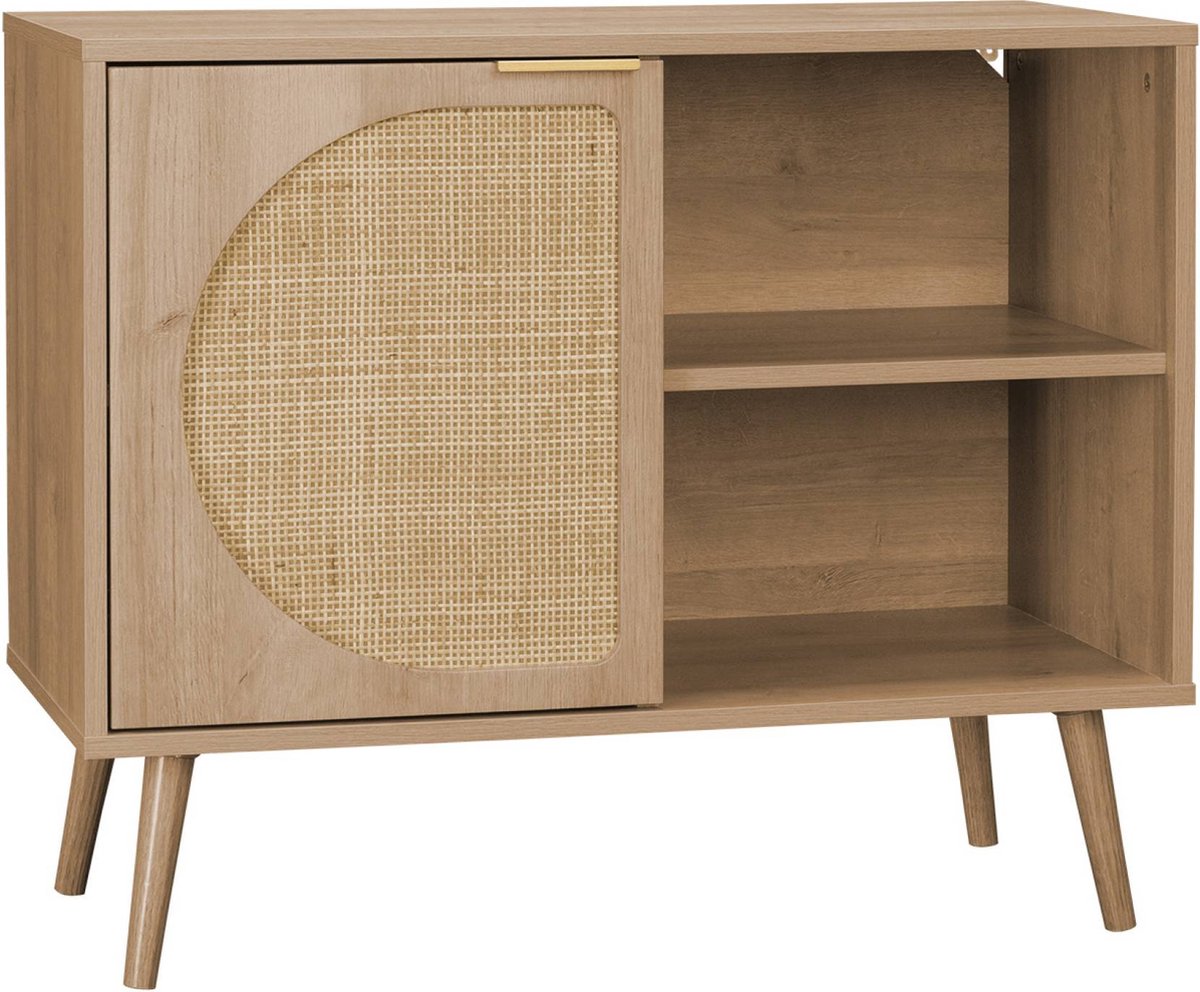 sweeek Dressoir met 1 deur en plank houtlook en rotan 80cm - eva Naturel