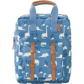 Blauwe rugzak met dino print, bruine bandjes.