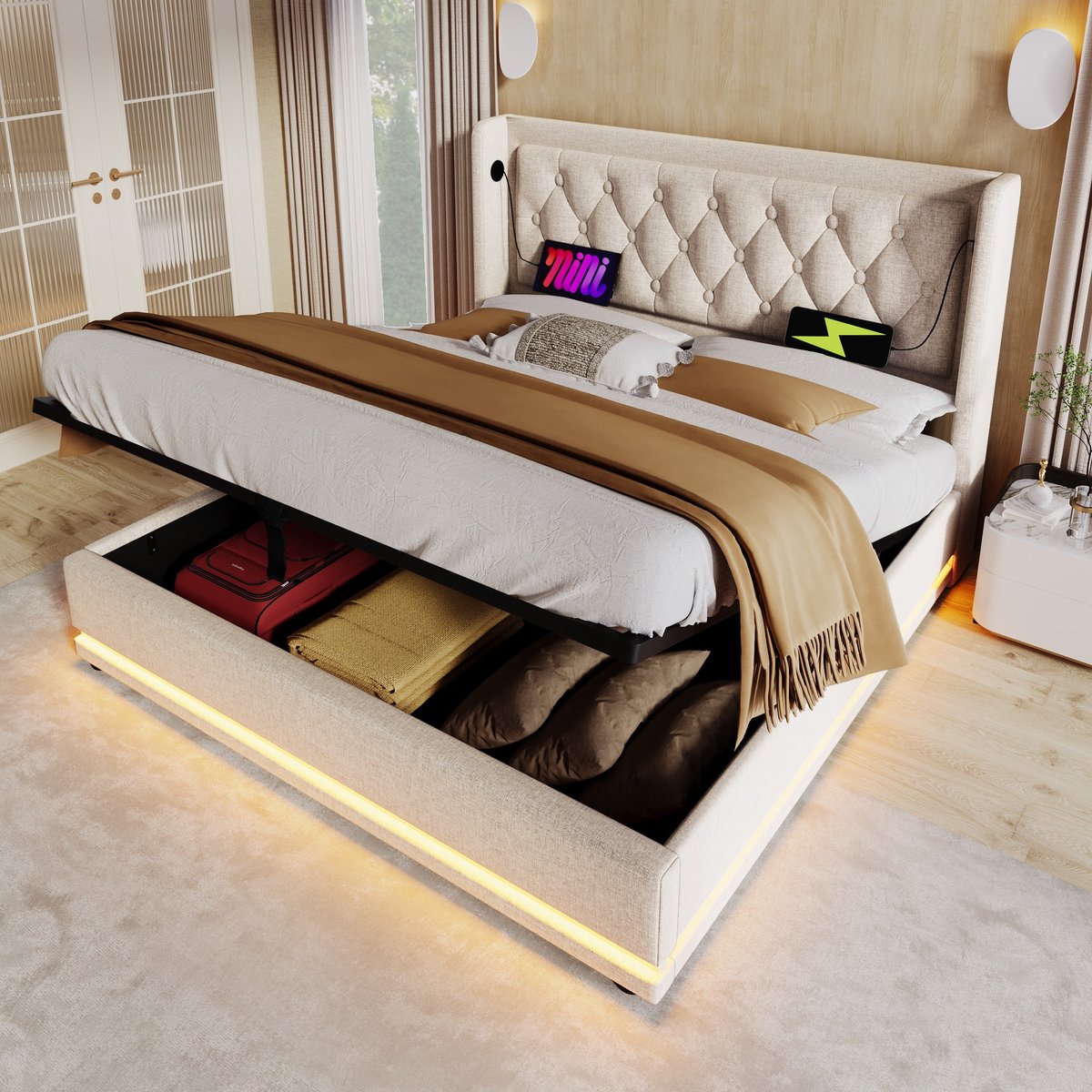 Sweiko Tweepersoonsbed - 140*200 cm - LED-verlichting - Hydraulische opbergruimte - USB Type-C oplaadfunctie - Zonder matras - Beige