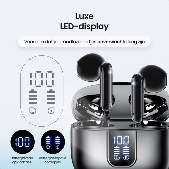 Zwart oplaaddoosje met luxe LED-display met 100% batterijniveau.